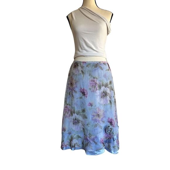 Fairycore blue and lilac floral midi skirt with ruffles and rose detail, Size 10 - Picture 1 of 8